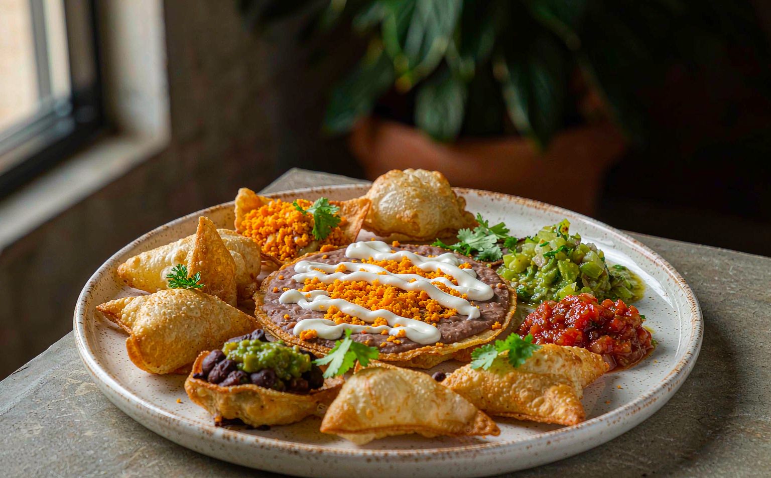 Tostadas y antojitos preparados con frijoles, crema, salsa y cilantro