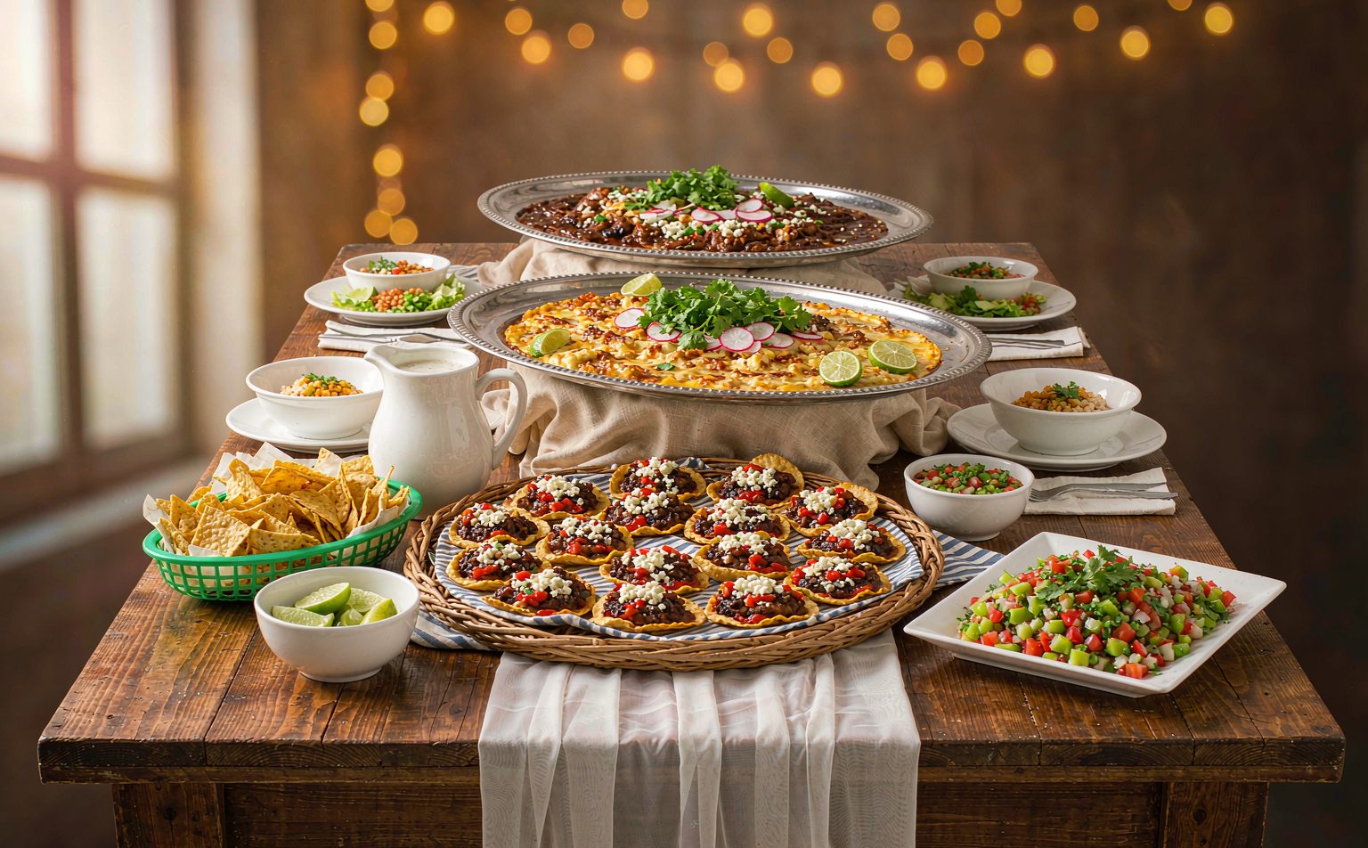 Mesa con charolas de alimentos preparados para un evento